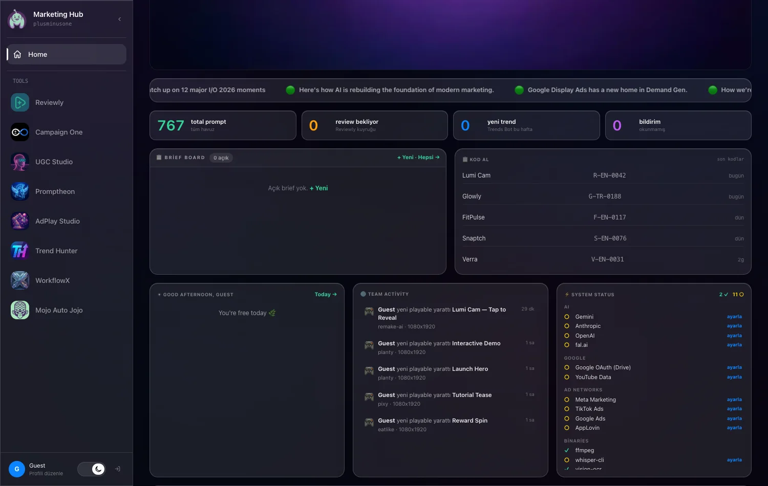 Marketing Hub - tool screen